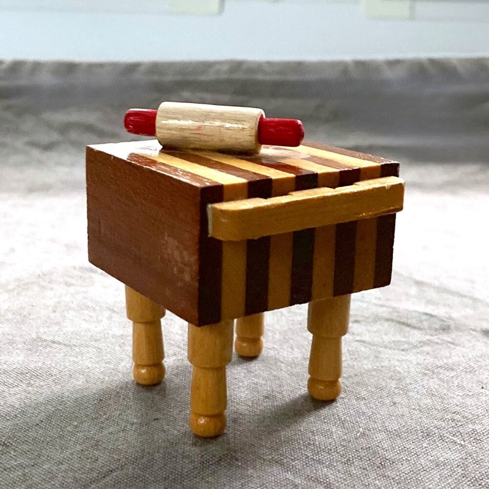 Dollhouse Miniature Wood Butcher Block Table Counter 2" tall, Vintage